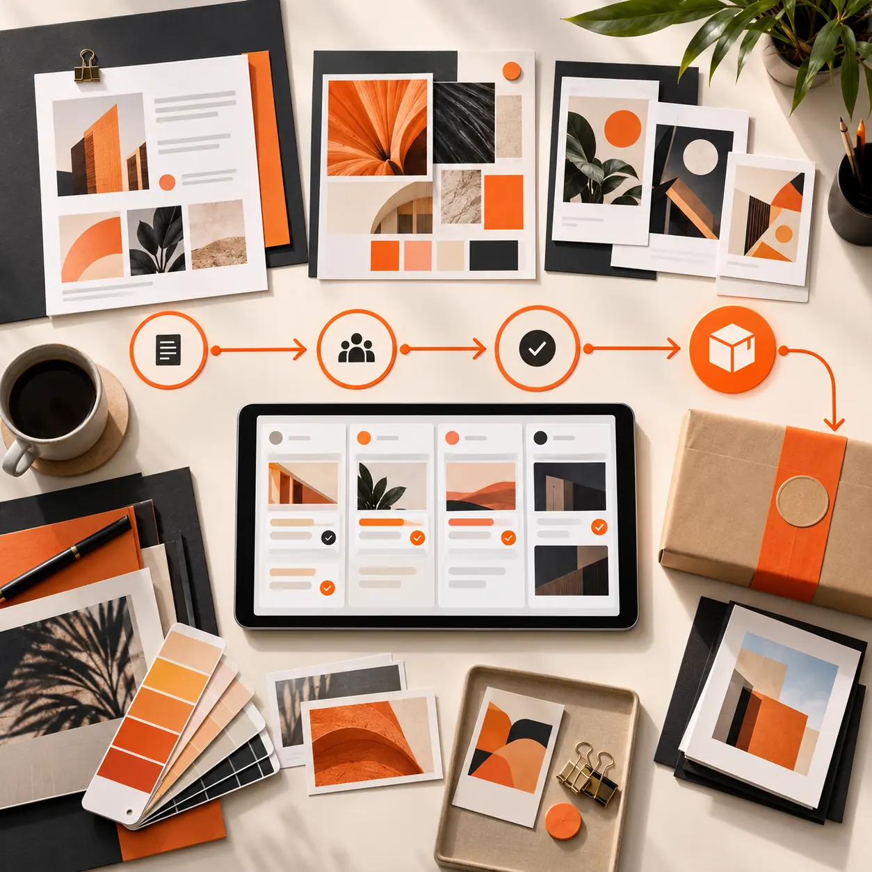 Editorial marketing agency workspace with campaign boards, approval stages, a progress path, and a packaged client deliverable in Tranki orange, black, and cream.