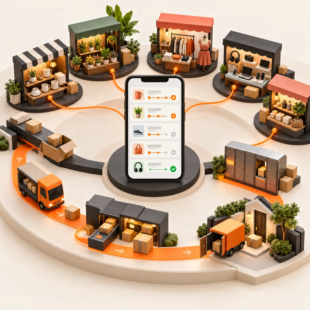 Miniature multi-seller marketplace with vendor stalls, a central order phone, parcels, pickup lockers, and orange delivery routes in Tranki colors.