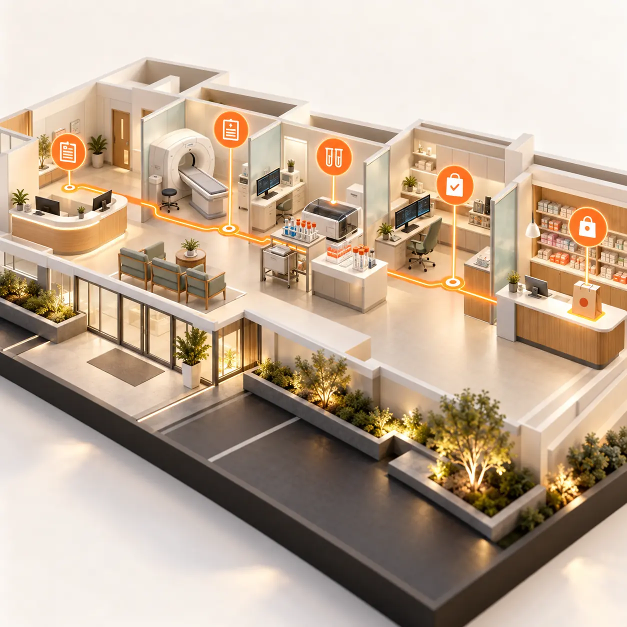 Cutaway miniature medical clinic with reception, diagnostics, lab, pharmacy, and an orange order-status route in Tranki colors.
