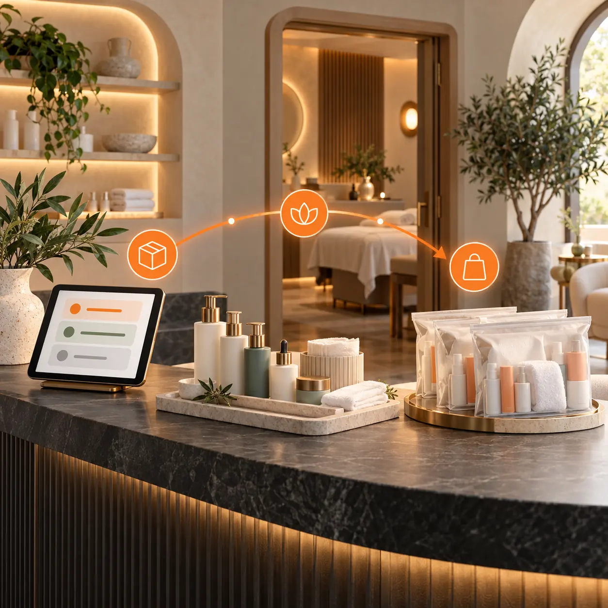 Elegant medical spa workspace with treatment supplies, a preparation tablet, spa room, and orange status path in Tranki colors.
