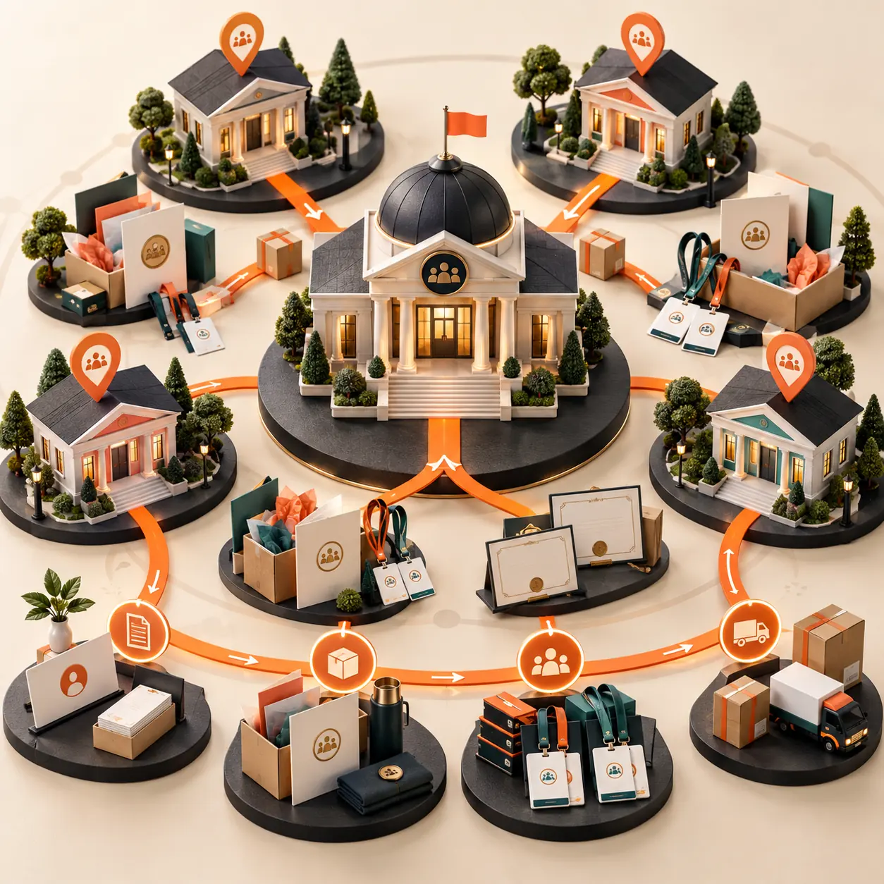 Miniature membership association hub connected to chapters, welcome kits, badges, certificates, and orange fulfillment routes in Tranki colors.