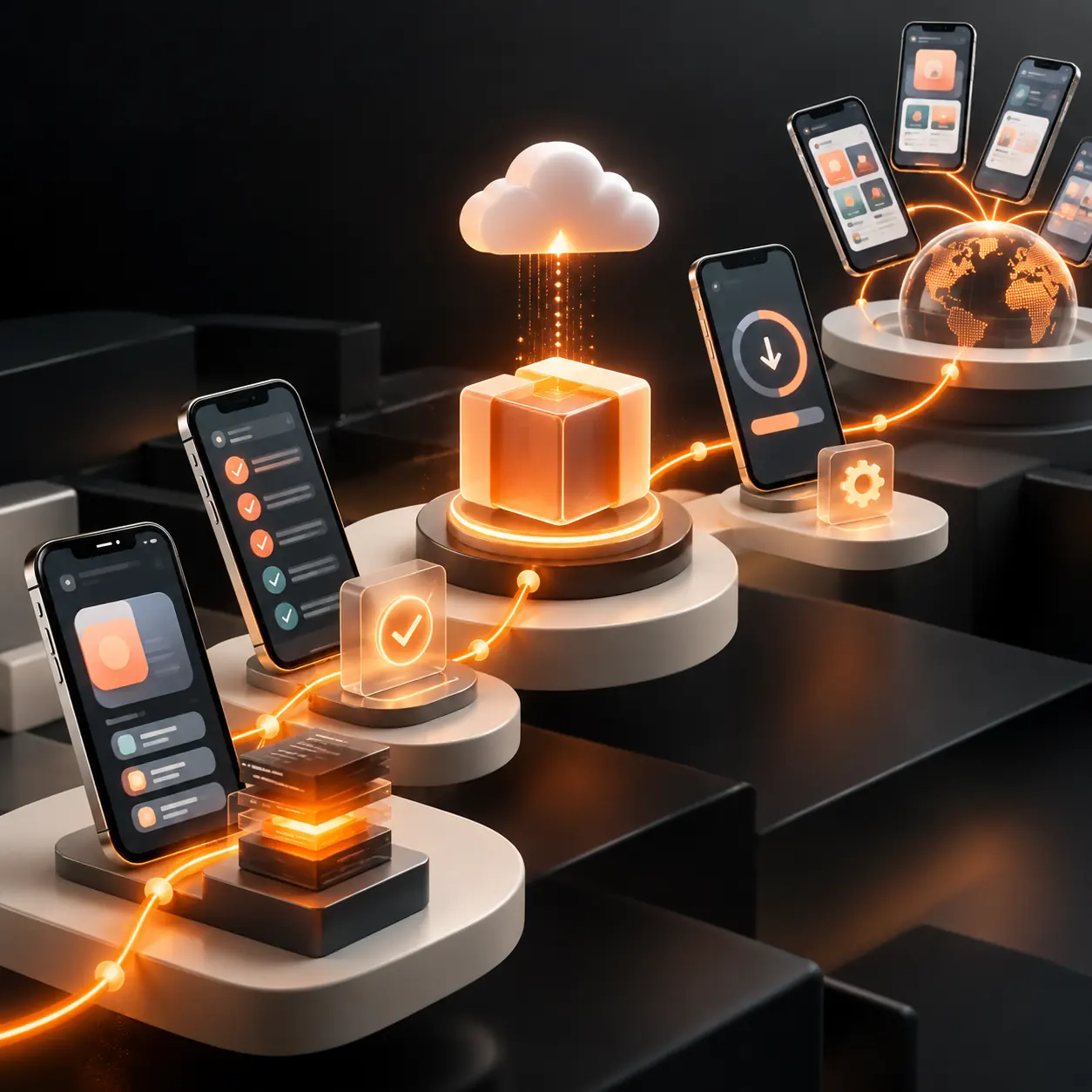 Abstract mobile app release pipeline with smartphones, a cloud deployment node, version package, and orange rollout path in Tranki colors.
