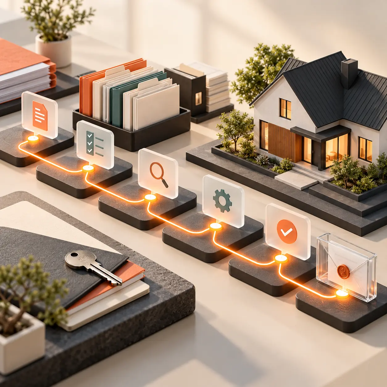 Mortgage case workflow with loan folders, document checks, a house model, key, and orange milestone path in Tranki colors.