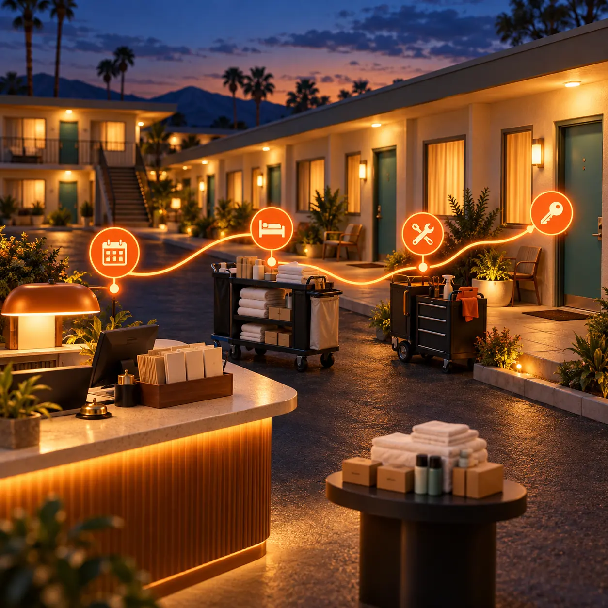 Motel courtyard at dusk with guest rooms, housekeeping carts, amenity supplies, and an orange service-status path in Tranki colors.