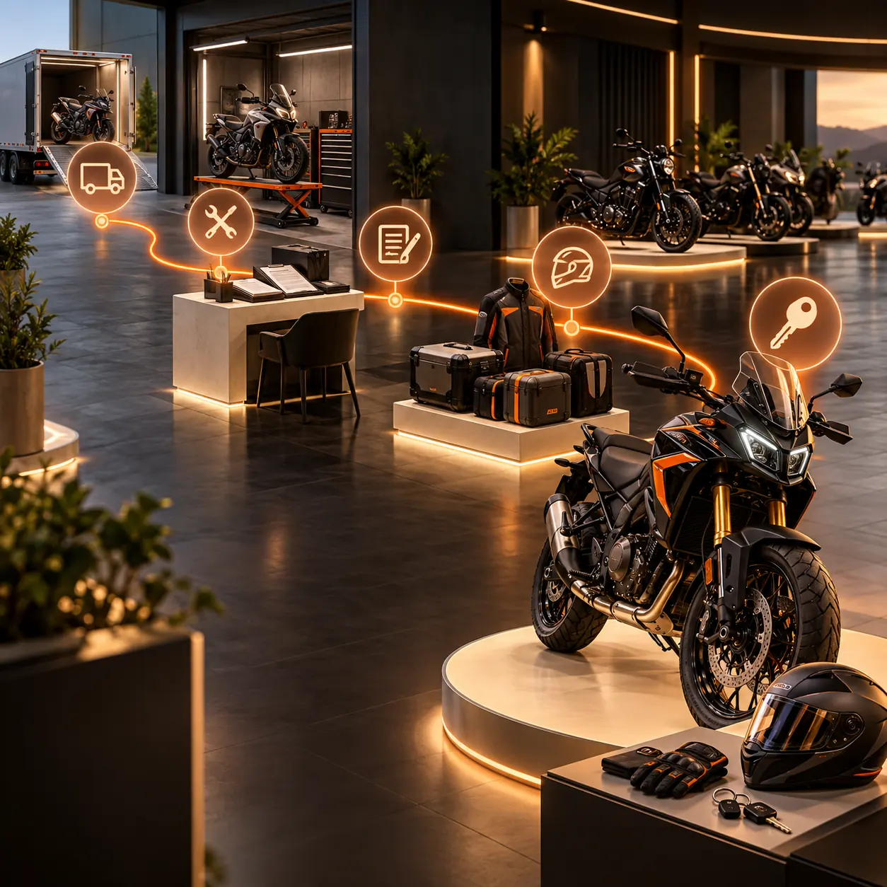 Motorcycle dealership showroom with bikes, service bay, accessory kits, keys, and an orange delivery-status path in Tranki colors.