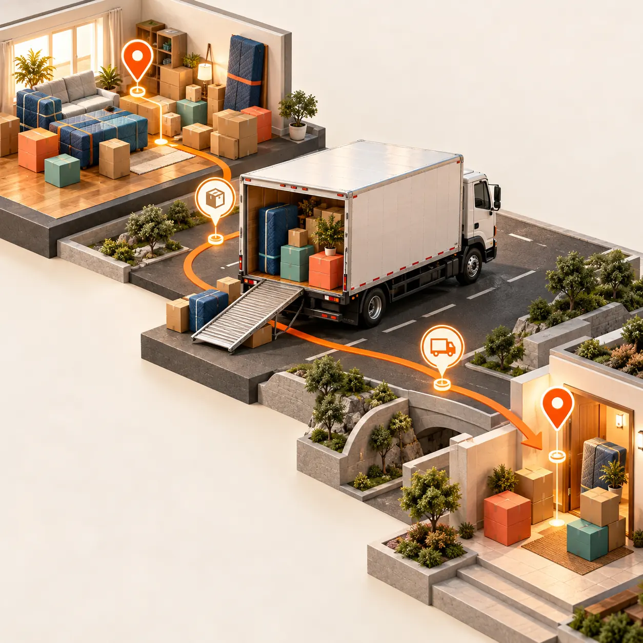Miniature moving operation with packed home, furniture truck, boxes, destination doorway, and orange delivery route in Tranki colors.