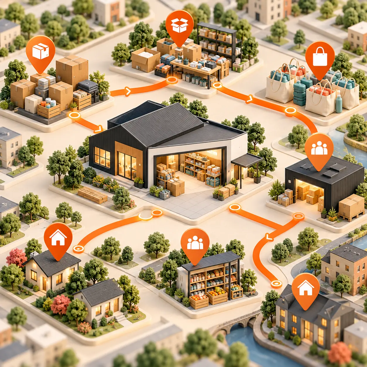 Miniature nonprofit community hub connected to donation supplies, volunteer kits, partner sites, and orange delivery routes in Tranki colors.