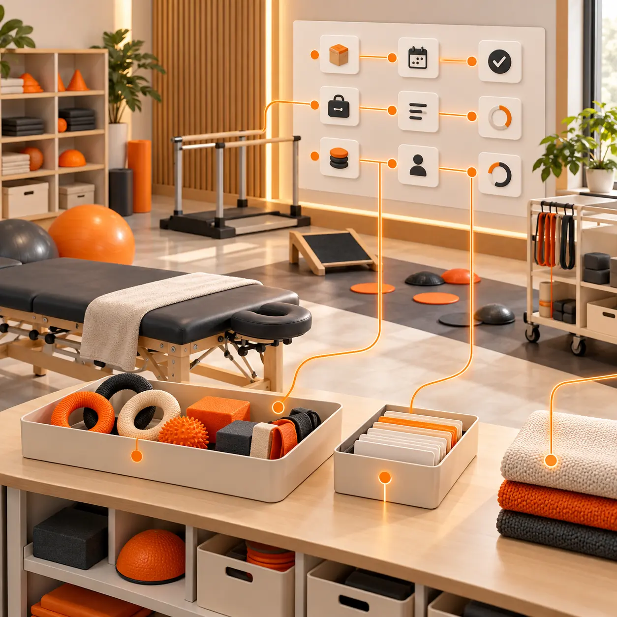Occupational therapy clinic workspace with therapy tools, equipment supplies, and orange status routes connecting preparation and delivery milestones.