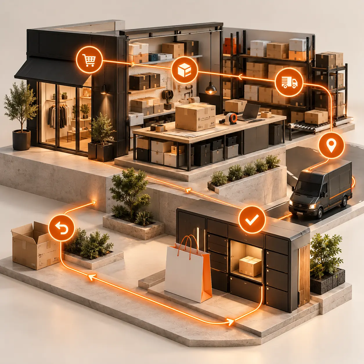 Online retail storefront and fulfillment diorama with product parcels, packing shelves, delivery locker, and orange order-status routes.