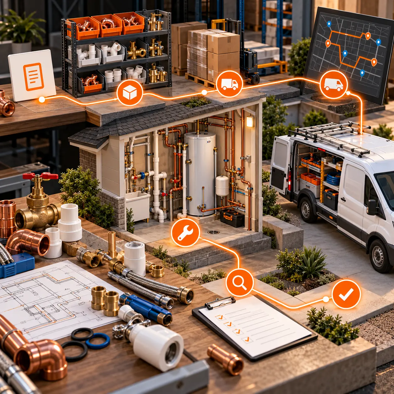 Plumbing field-service diorama with pipe fittings, parts shelves, utility-room cutaway, service van, blueprint, and orange job-status routes.