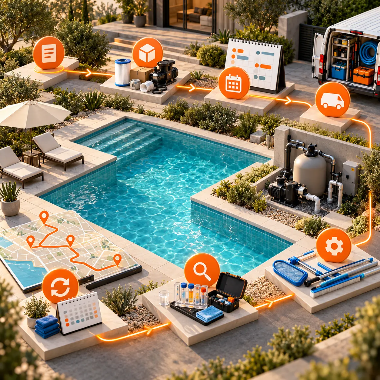 Pool-service operations diorama with residential pool, pumps, filters, parts, service van, route map, and orange maintenance checkpoints.