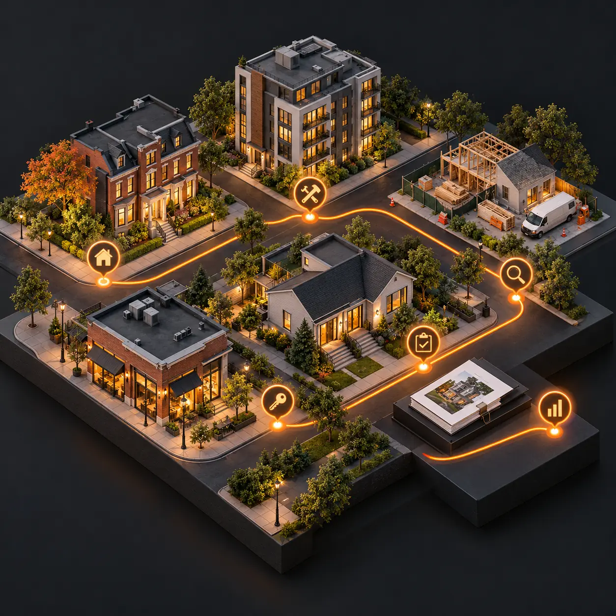 Isometric real estate investment portfolio map with varied properties, renovation site, inspection markers, contractor van, report folio, and orange milestone route.