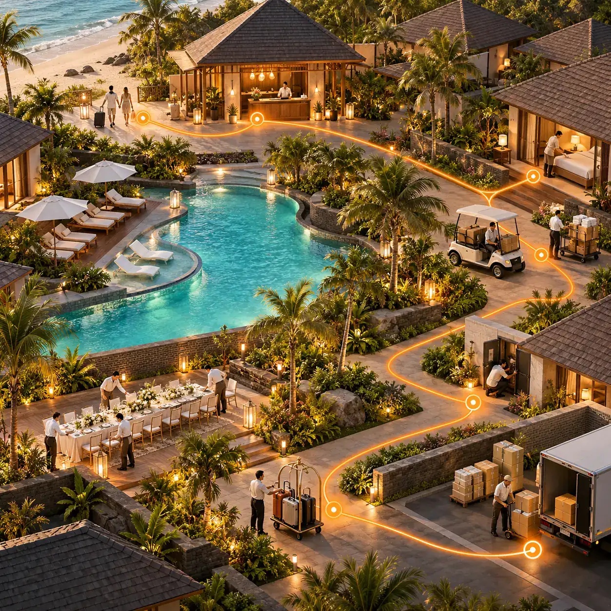 Resort operations scene with villas, pool, reception, luggage, housekeeping, service cart, banquet setup, deliveries, and orange status route.