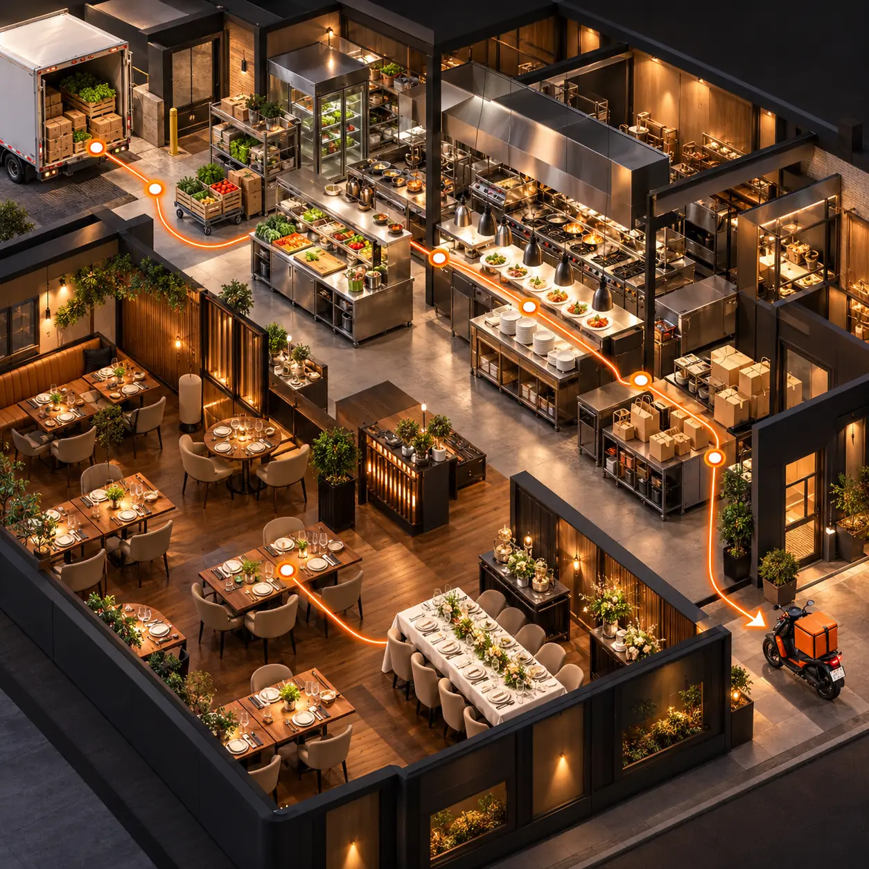 Restaurant operations cutaway with receiving truck, produce, kitchen stations, dining room, takeout packages, catering table, delivery scooter, and orange status route.