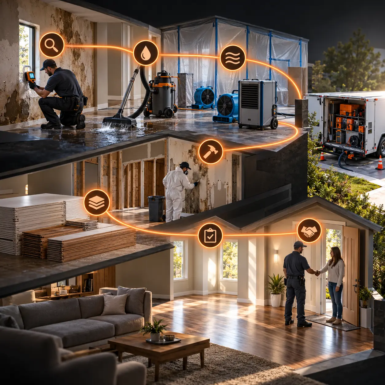Property restoration cutaway with moisture assessment, extraction equipment, drying fans, containment, rebuild materials, technician, and orange recovery route.