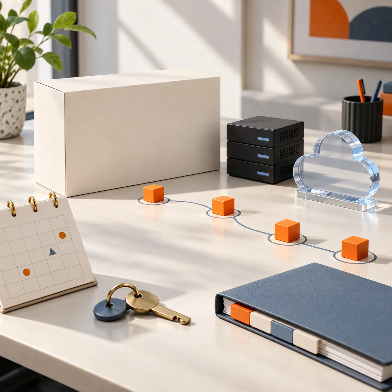 SaaS onboarding still life with blank welcome box, charcoal server modules, translucent cloud sculpture, orange milestone cubes, calendar, key token, and binder