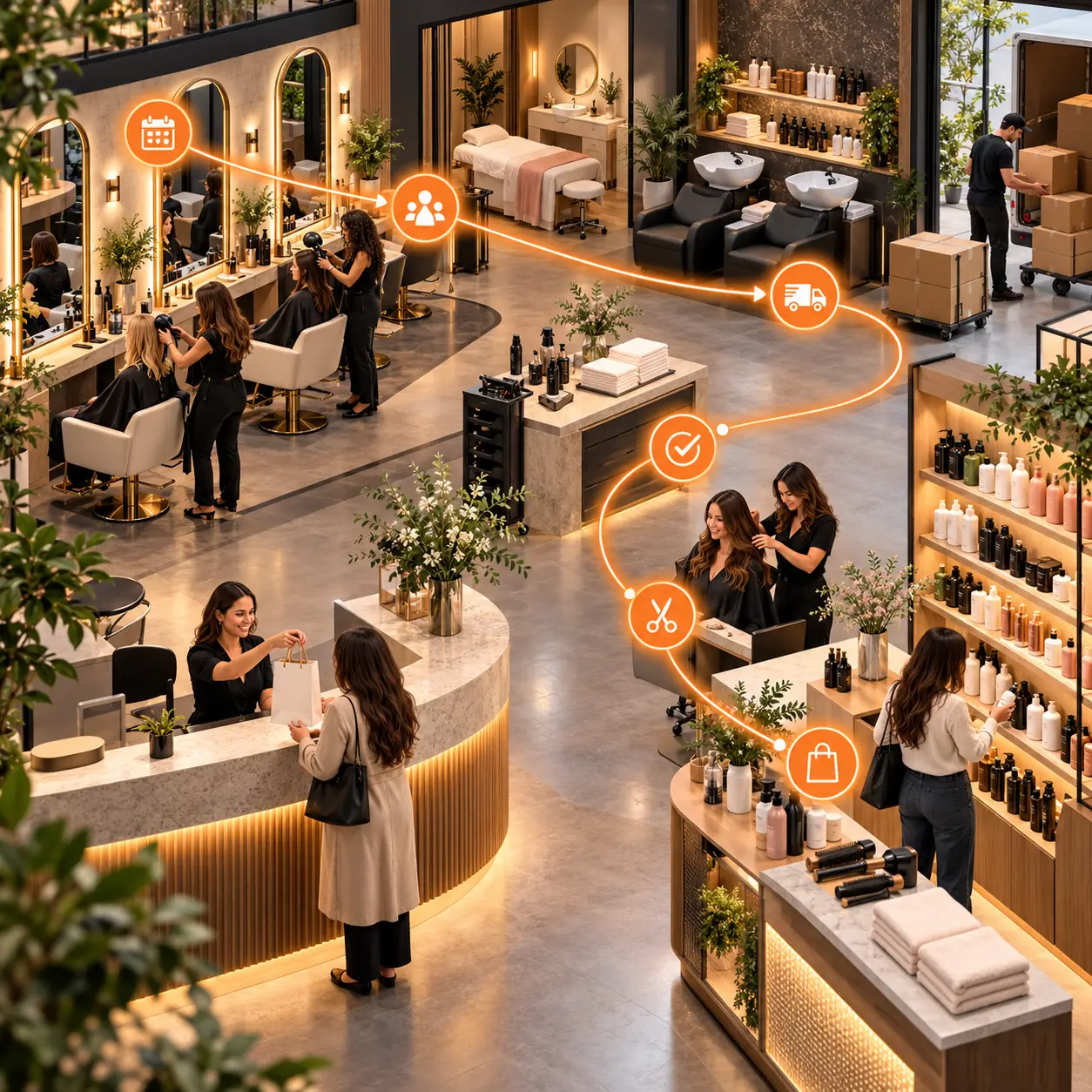 Modern salon with styling stations, reception, treatment rooms, product shelves, delivery boxes, client service, and orange appointment-status route.