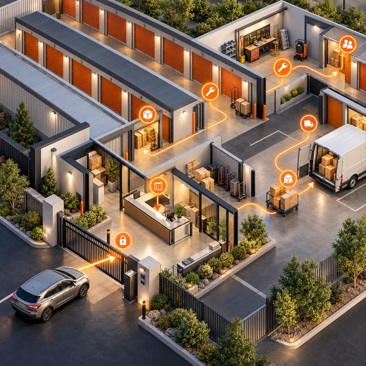 Isometric self-storage facility with unit corridors, access gate, reception, moving boxes, carts, delivery van, maintenance area, and orange status route.