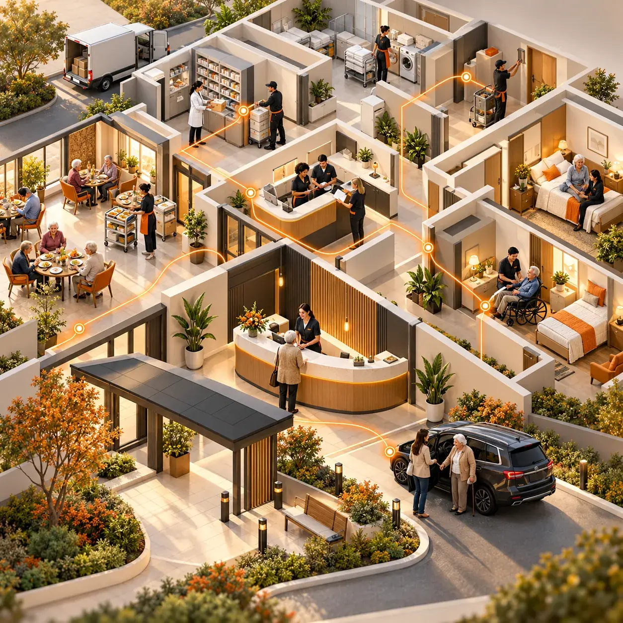 Warm editorial cutaway of a senior care facility with reception, nursing station, resident rooms, meal carts, pharmacy delivery, maintenance, caregivers, and orange status routes.