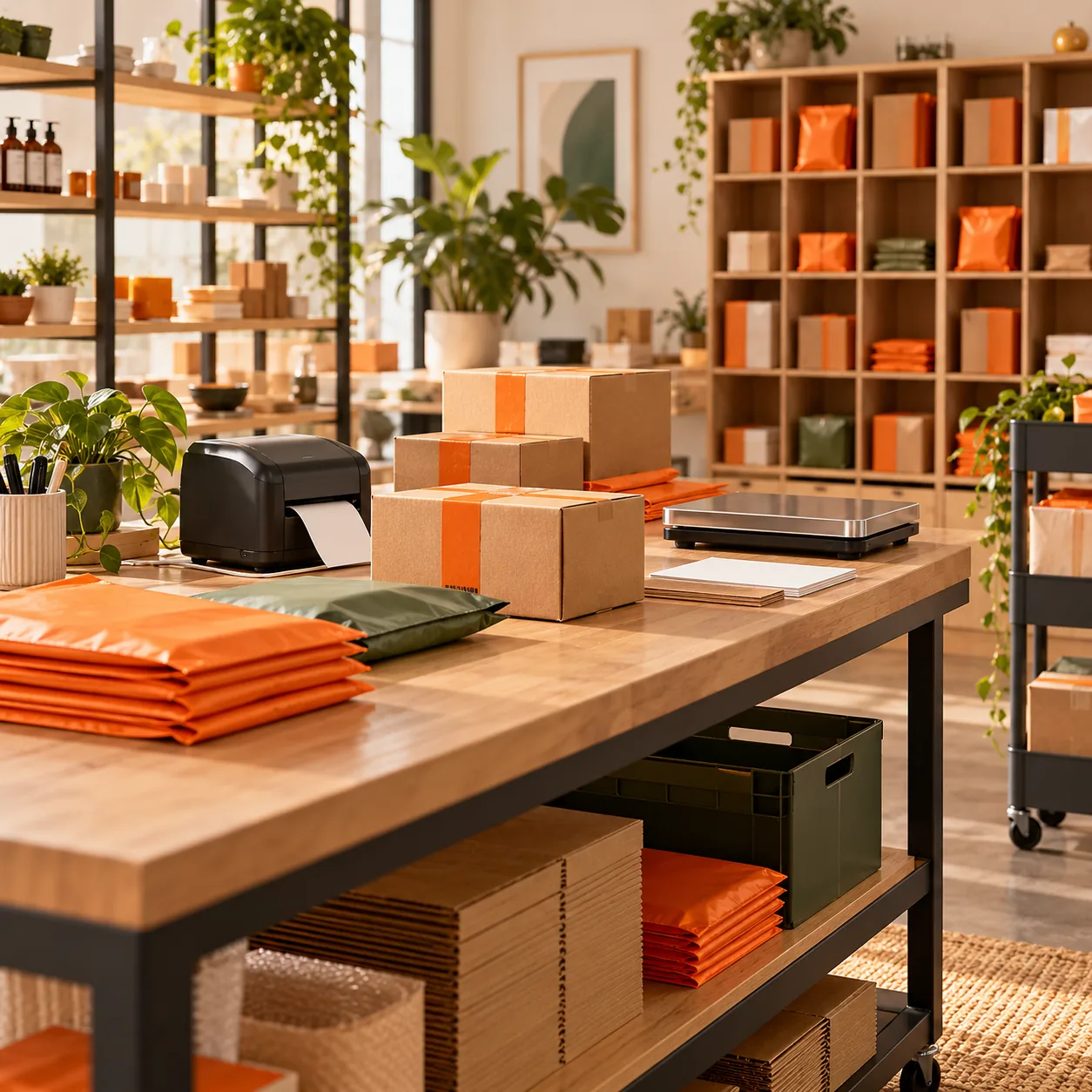 Shopify store fulfillment counter with orange and kraft parcels, label printer, shipping scale, packing slips, pickup shelves, and rolling cart