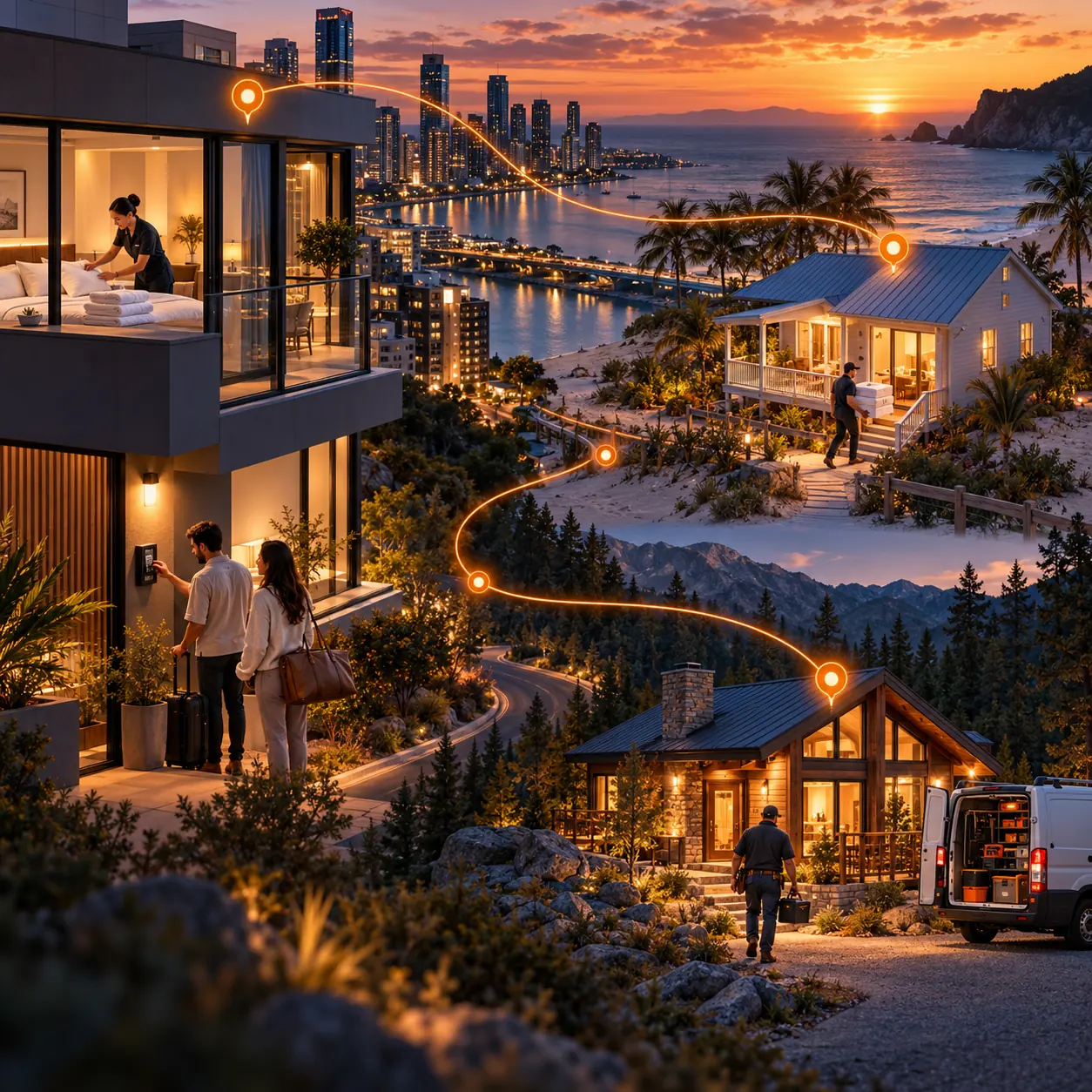 Aerial editorial collage of city, beach, and mountain short-term rentals connected by orange status routes, with cleaning, linen, guest arrival, and maintenance handoffs.
