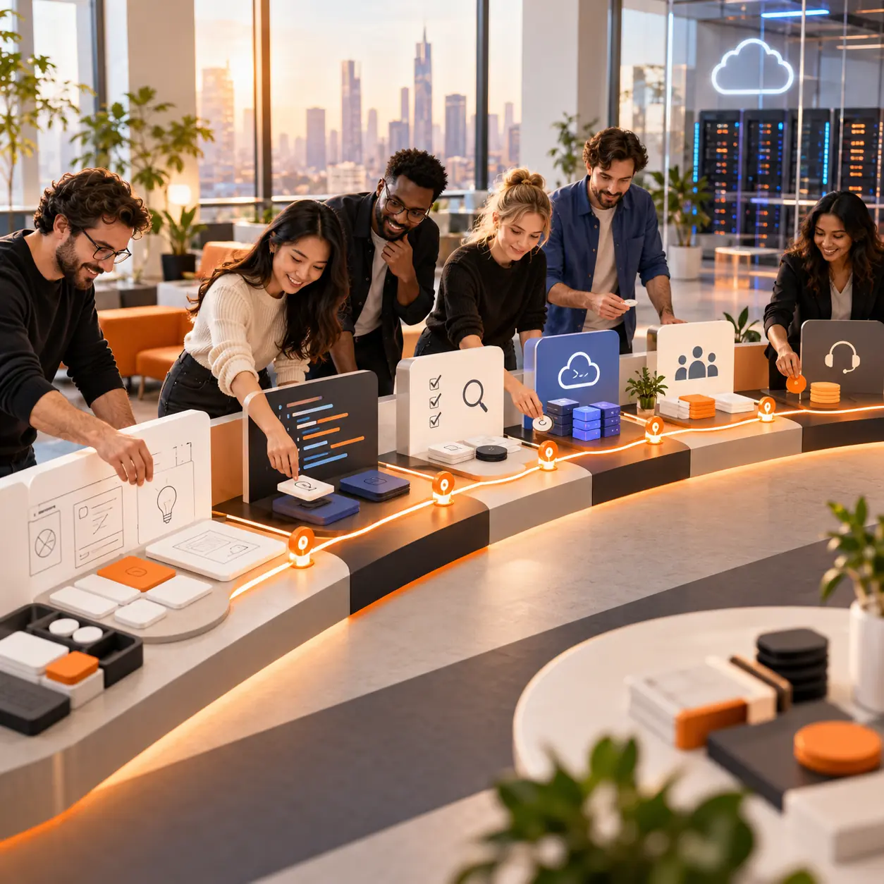 Editorial software startup studio with product, QA, implementation, and customer-success teams moving through an orange release and delivery pathway.