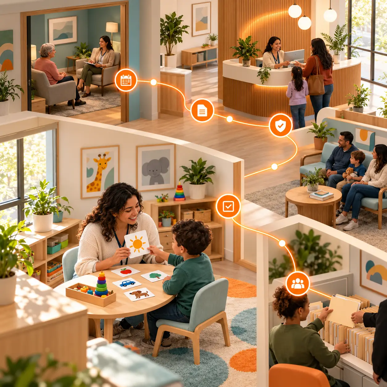 Warm speech therapy practice with therapist, patient, picture cards, reception, caregiver coordination, records handoff, and orange workflow route.