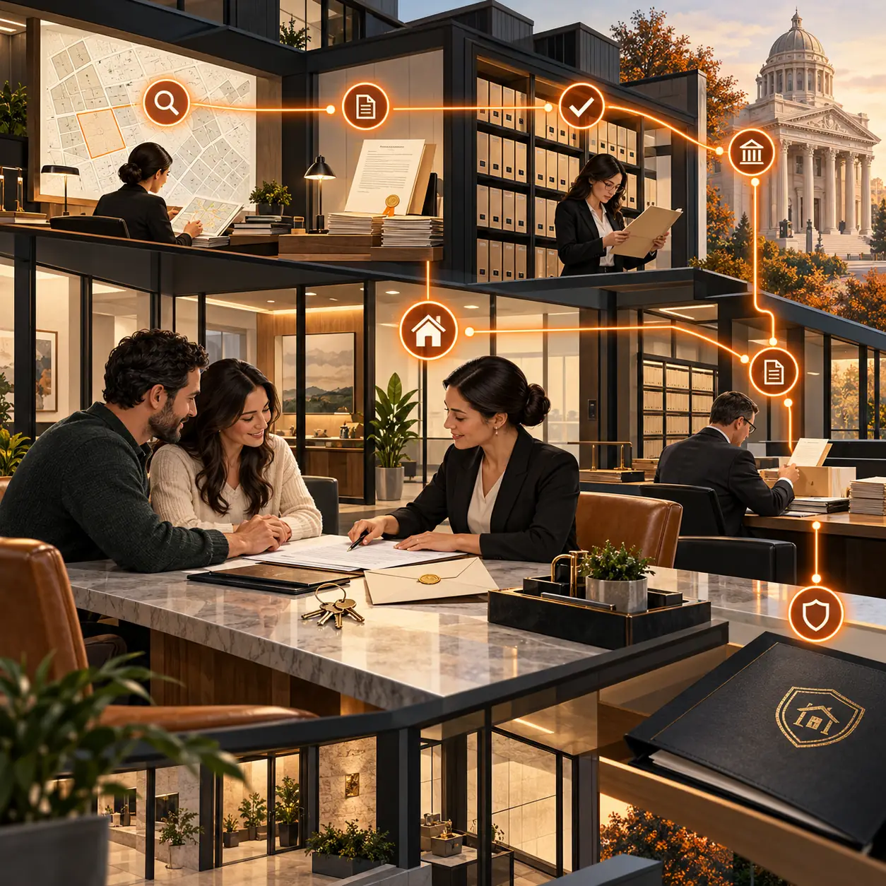 Editorial title and escrow office with property map, records archive, closing table, keys, recording handoff, and orange transaction-status route.