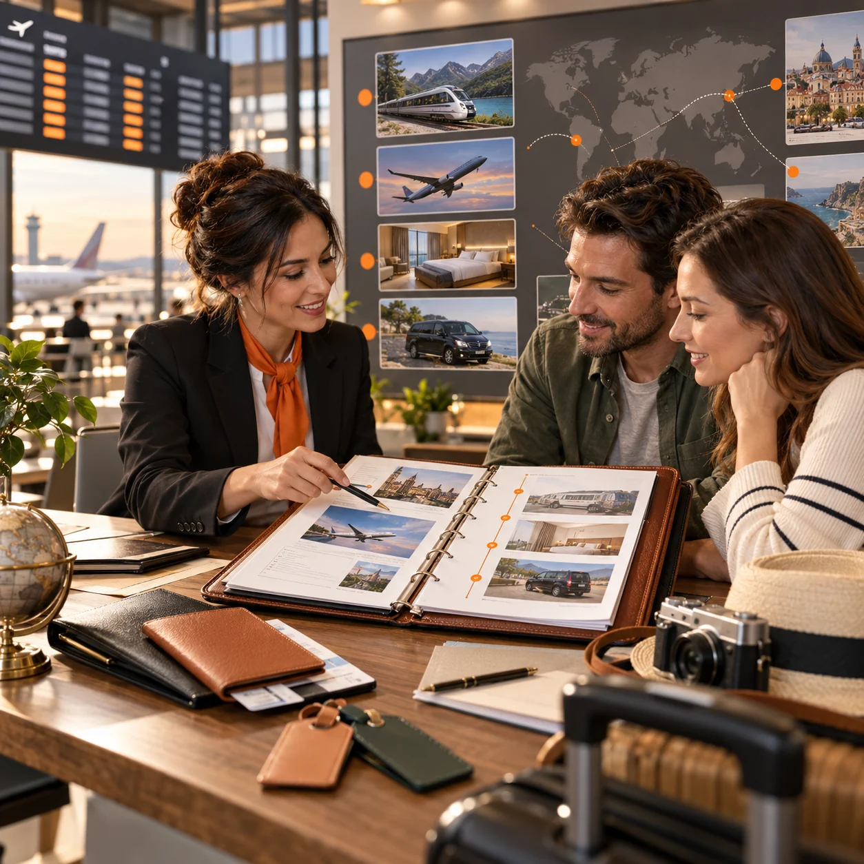 Editorial travel-agency planning desk with an advisor, travelers, itinerary folder, reservation materials, and orange booking-status markers.