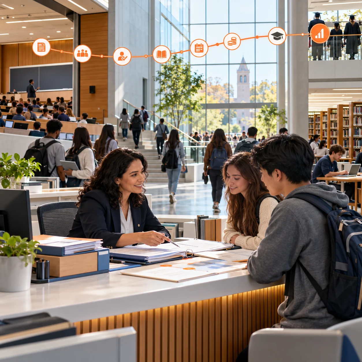 Editorial university student-services hub with an advisor, students, campus spaces, enrollment folders, and orange lifecycle markers.