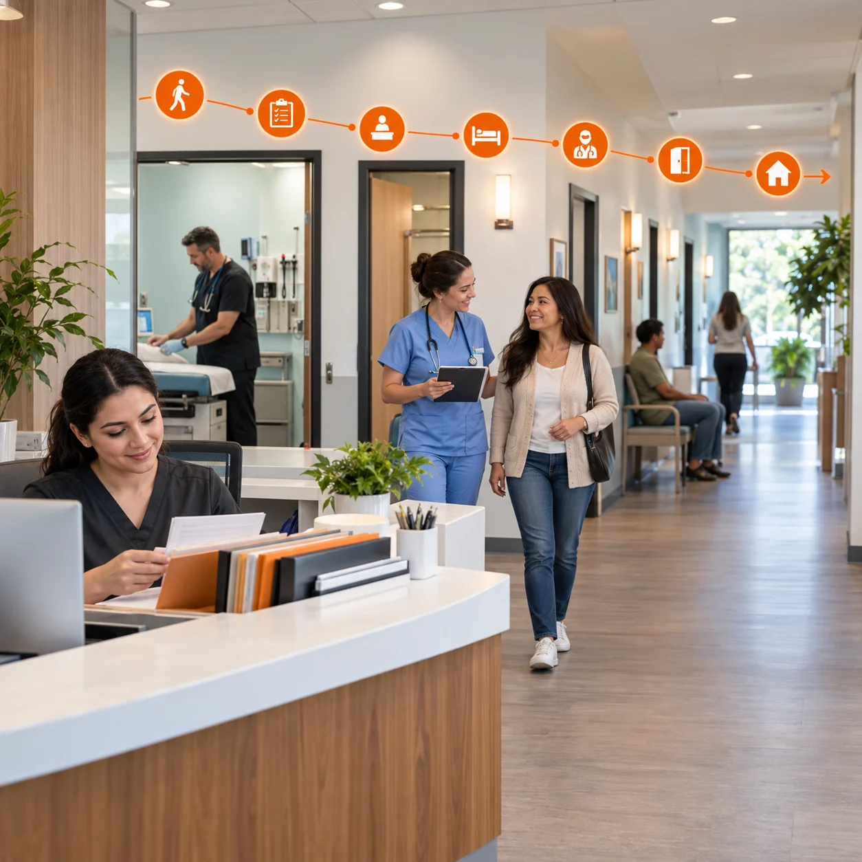 Editorial urgent-care clinic scene with a coordinator, nurse, patient, exam-room corridor, and orange patient-flow markers.