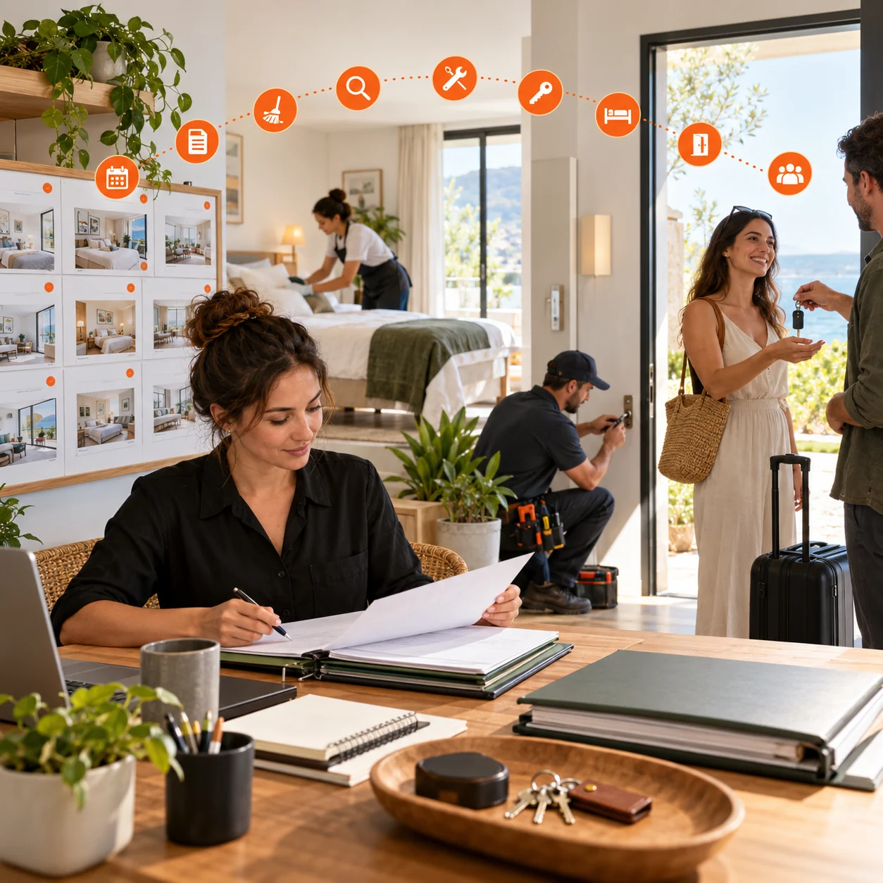 Editorial vacation-rental operations scene with a property manager, guest key handoff, cleaner, maintenance check, and orange stay-status markers.