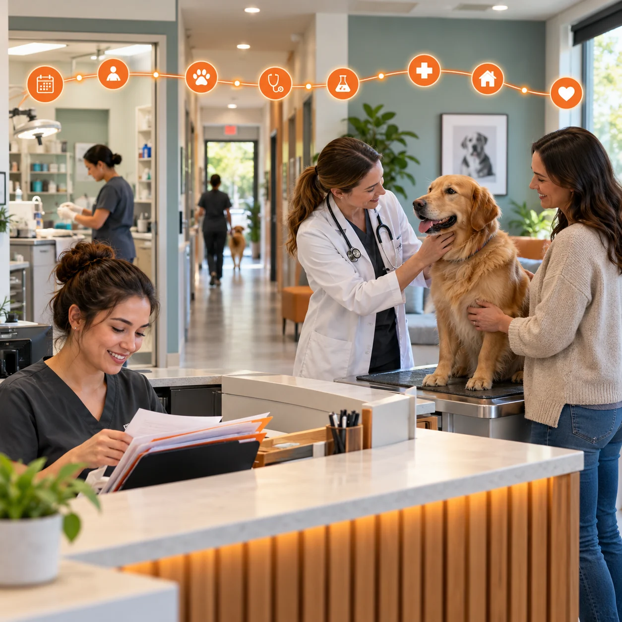 Editorial veterinary-clinic scene with a receptionist, veterinarian, pet owner, dog, exam room, and orange patient-flow markers.