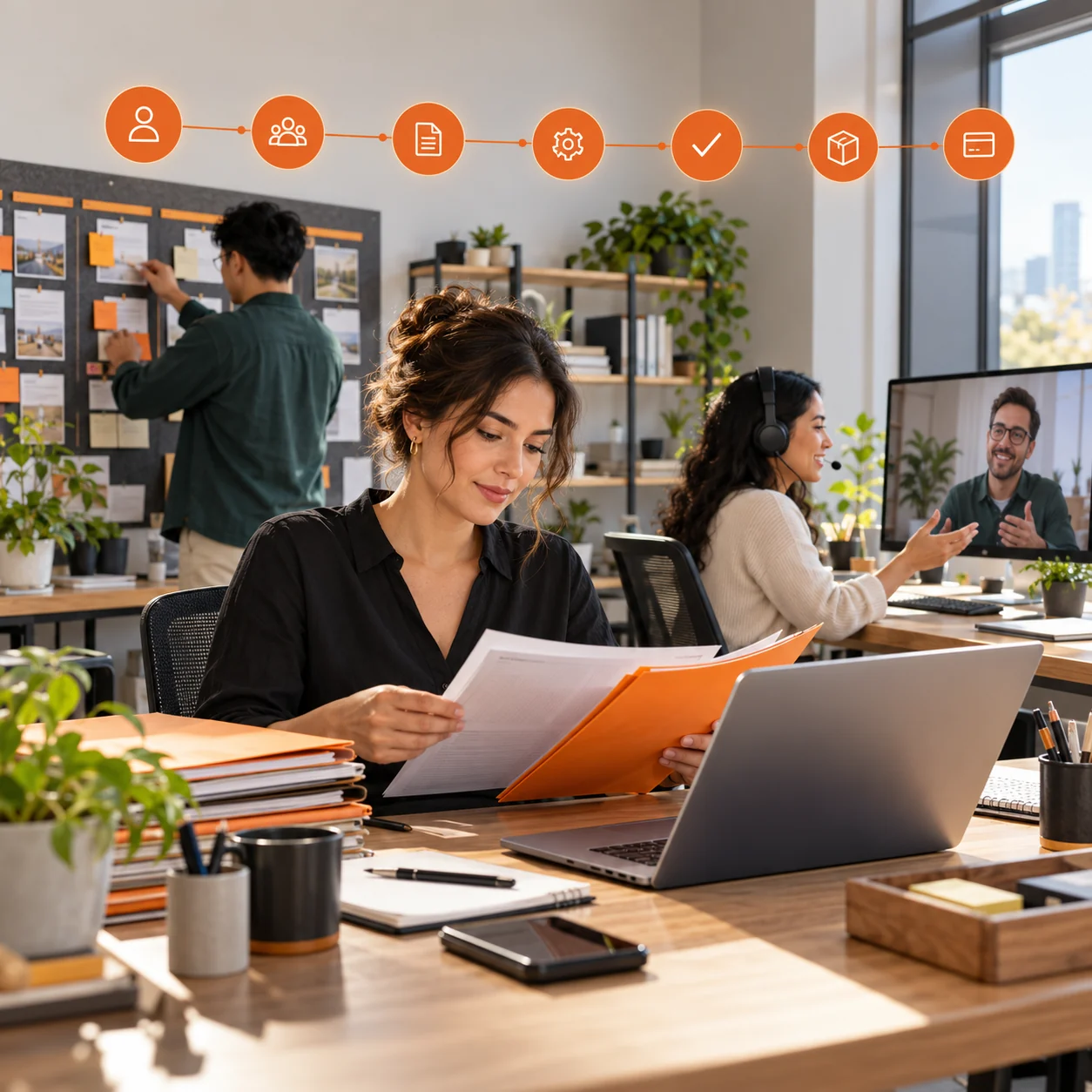 Editorial virtual-assistant agency studio with a coordinator, remote assistant, client review, task folders, and orange delivery-status markers.
