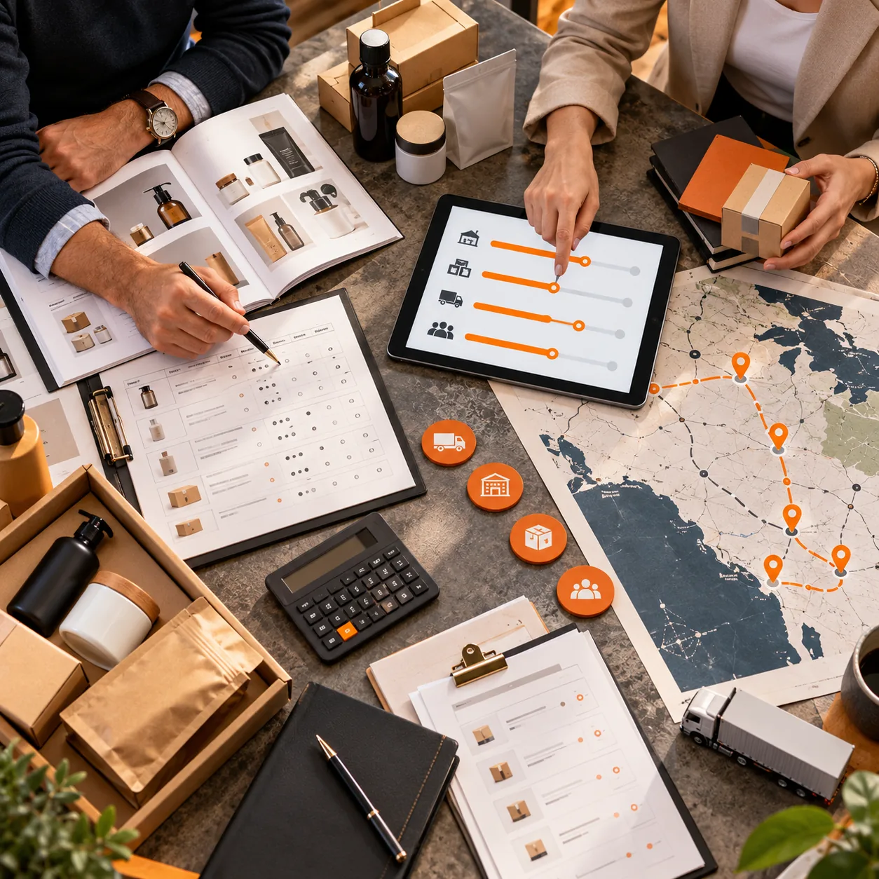 Editorial wholesale distribution planning table with product samples, order milestones, route map, and orange status markers.