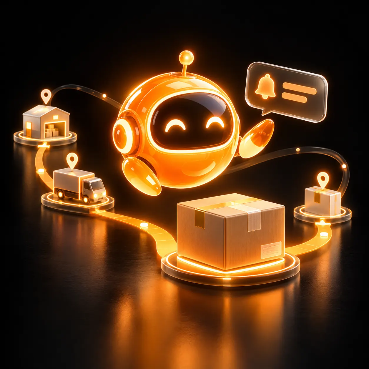 Orange AI delivery assistant guiding an order through warehouse, truck and delivery checkpoints