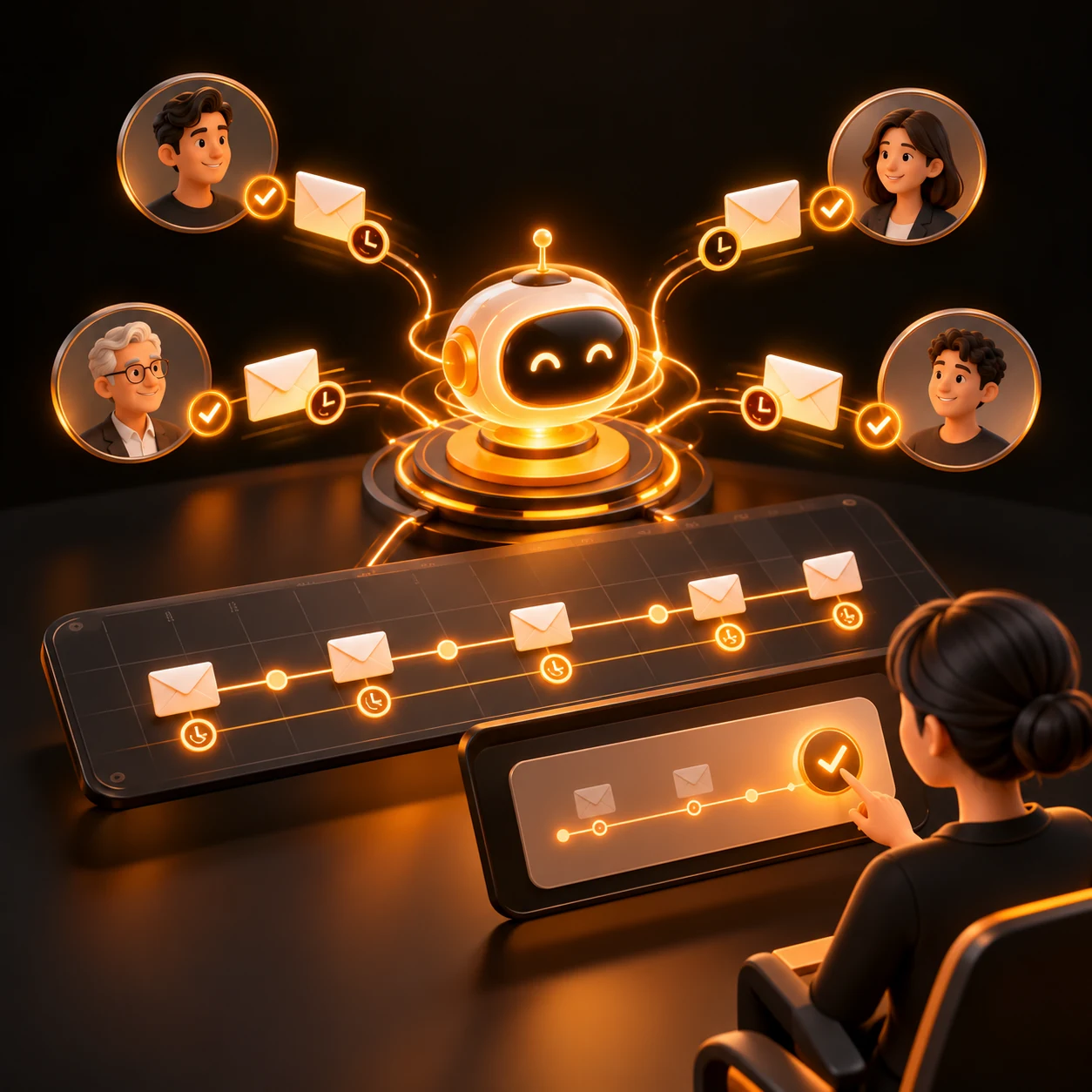 Orange AI payment reminder assistant scheduling timed envelopes across a finance delivery timeline with approval controls