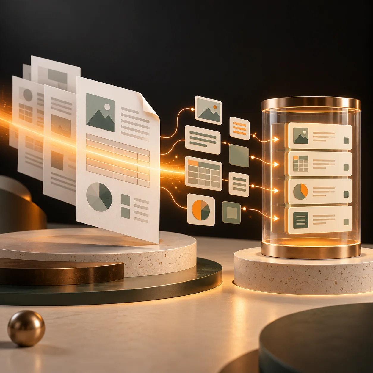 3D editorial scene showing abstract PDF pages transformed by an amber extraction beam into structured data cards inside a transparent archive cylinder.