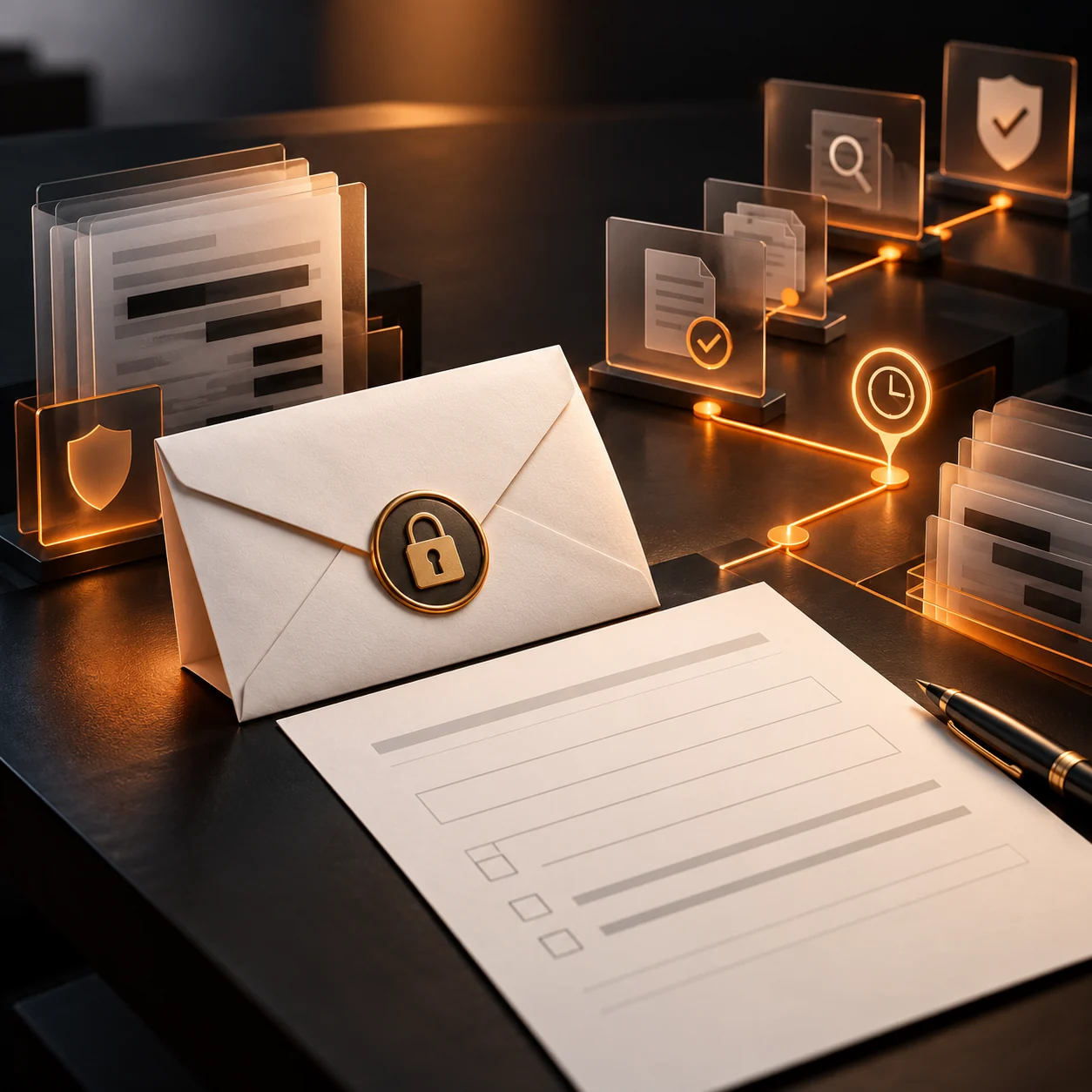 Abstract privacy request intake workspace with secure envelope, redacted documents, verification panels, and orange response timeline