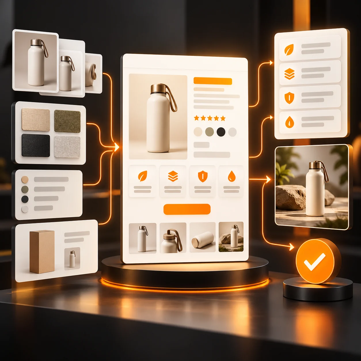 Abstract product description workspace with product cards, attribute panels, orange editorial paths, and a human approval mark