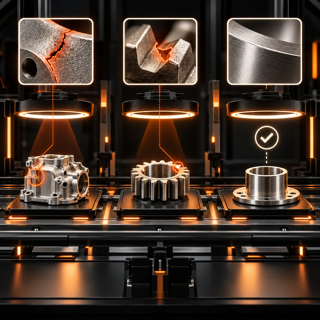Industrial visual inspection table with manufactured parts, orange defect markers, magnification panels, and a human approval checkpoint