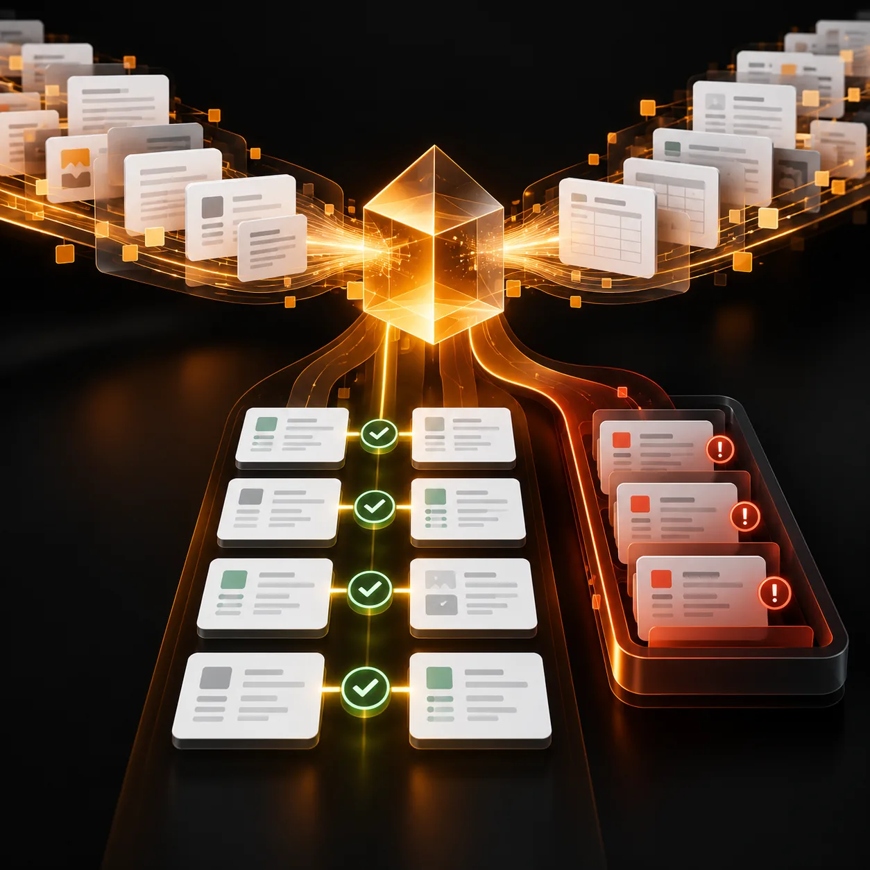 Abstract record matching workflow comparing data cards through a glowing comparison prism with confirmed matches and review exceptions