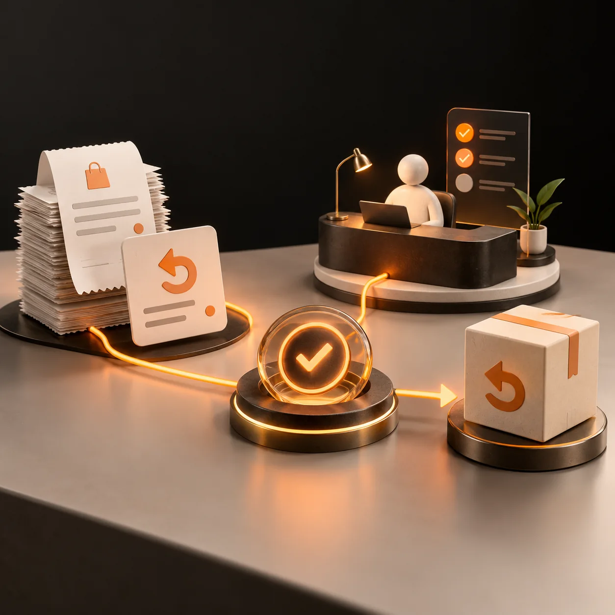 3D editorial scene showing refund receipts, a return symbol, policy checks, and a human review station connected by Tranki orange light paths.