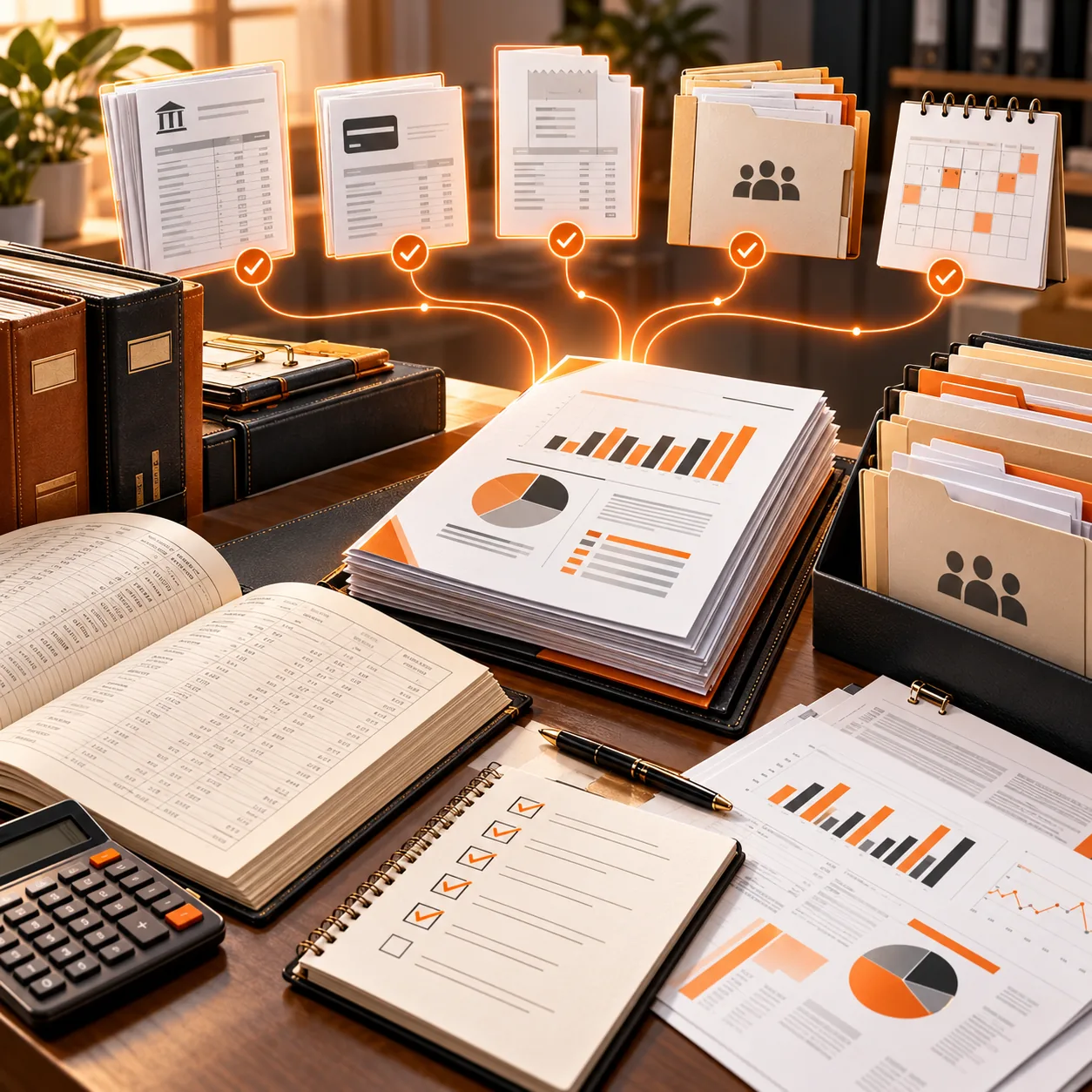Accounting-firm reporting workspace with ledgers, reconciled statements, client folders, close checklist and financial report packet