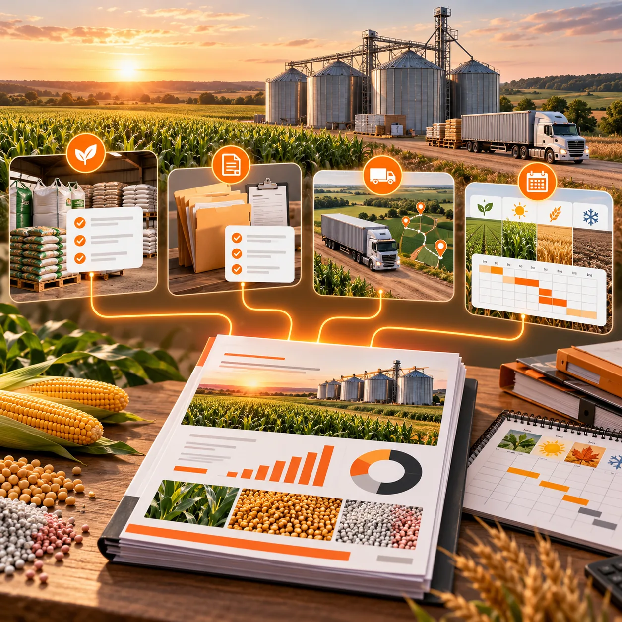 Agricultural supplier reporting workspace with crop fields, grain silos, input inventory, purchase orders, delivery routes and seasonal report