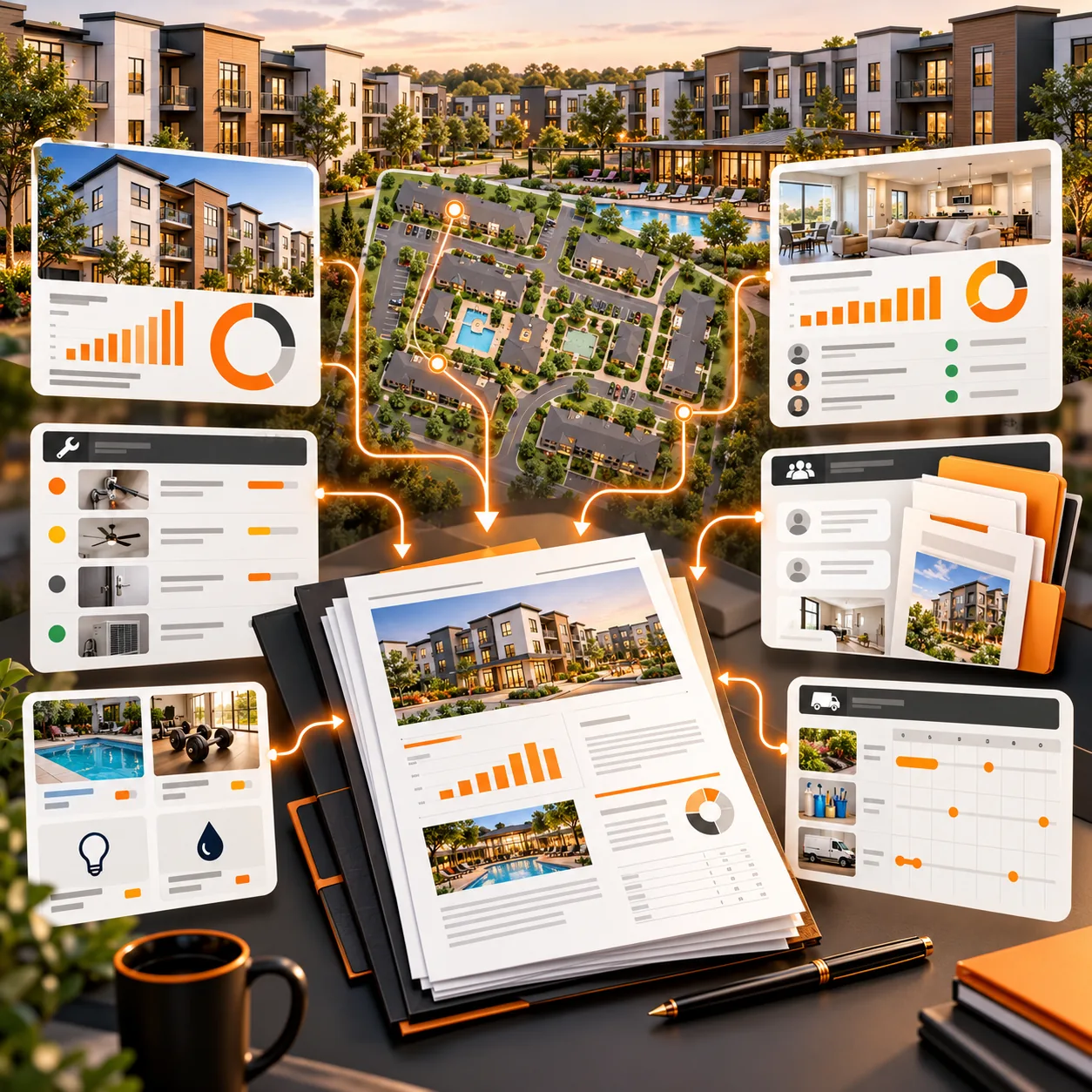 Apartment-community reporting workspace with multifamily buildings, site plan, occupancy, leasing, maintenance, resident services and property report