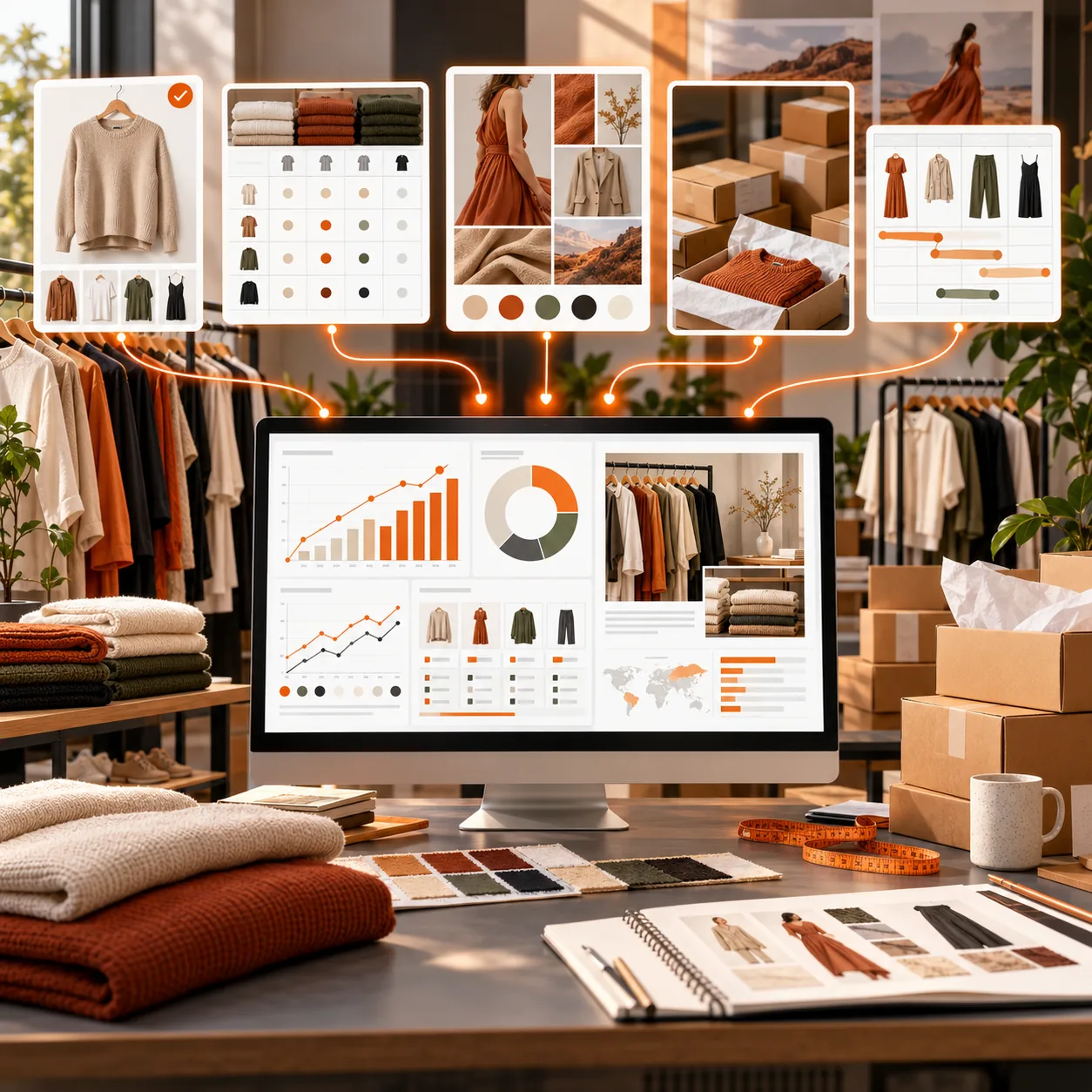 Apparel-brand reporting workspace with clothing racks, lookbook mood board, size and color inventory matrix, ecommerce orders and fashion report