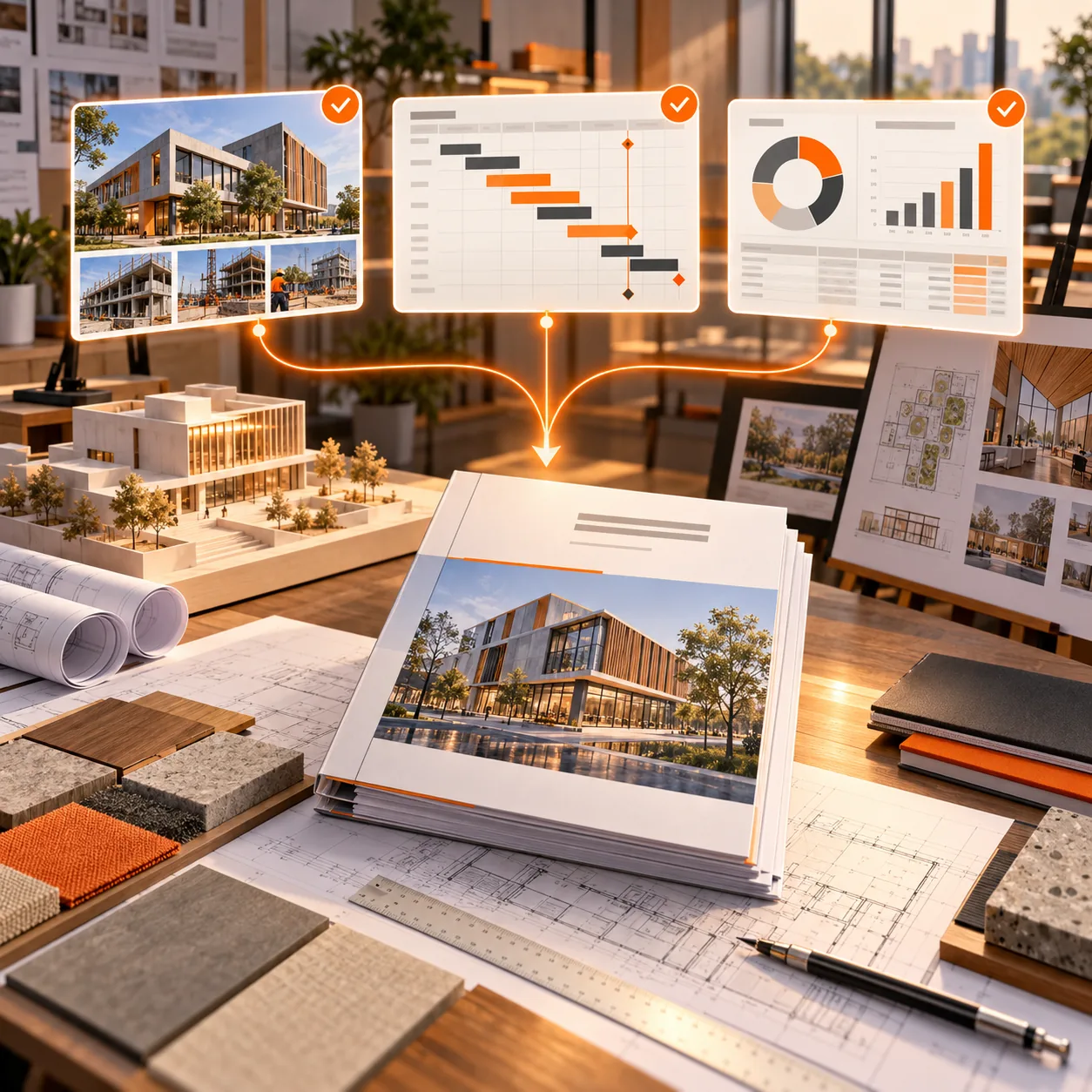 Architecture-firm reporting workspace with blueprints, building scale model, material samples, project milestones and client report packet