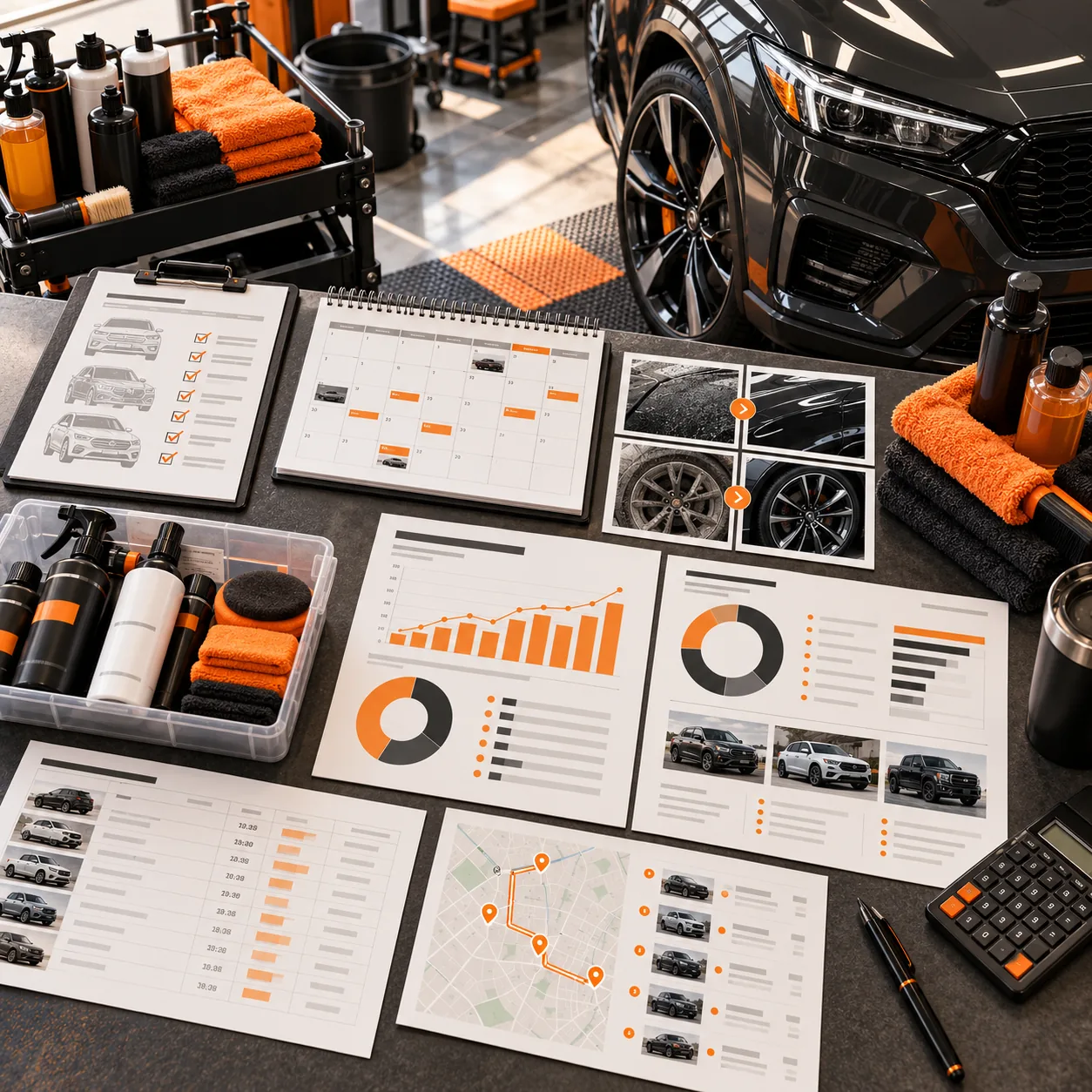 Auto detailing operations workspace with a detailed vehicle, service checklist, booking calendar, before-and-after photos, product inventory and performance reports