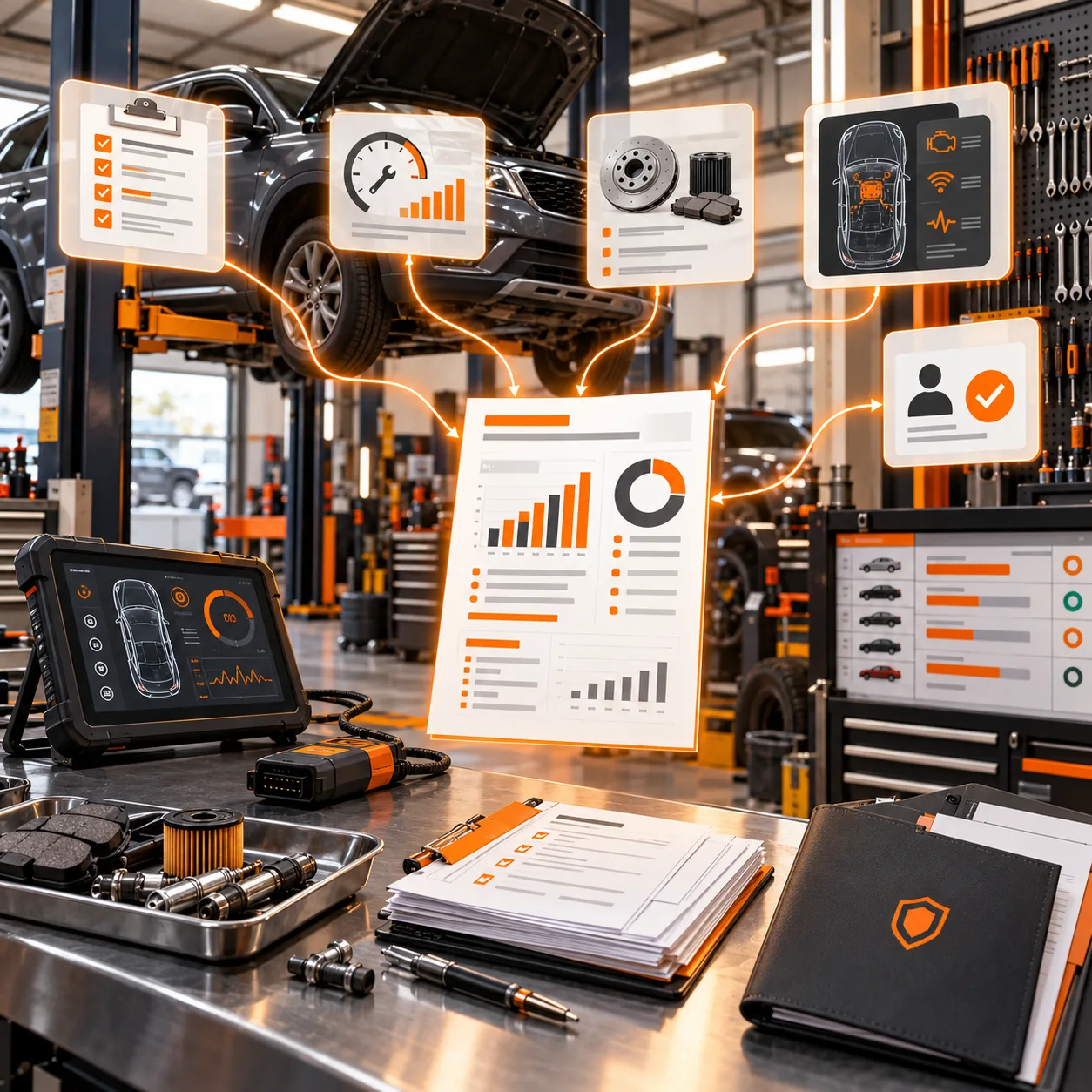 Auto repair bay with vehicle on a lift, diagnostic tablet, OBD scanner, work orders, parts tray and repair performance report